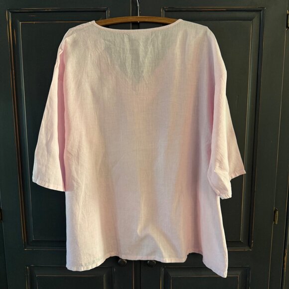 MEDIUM Bryn Walker Judy Pink Linen Boxy Tunic Top Kangaroo Pocket V-Neck - Picture 2 of 7